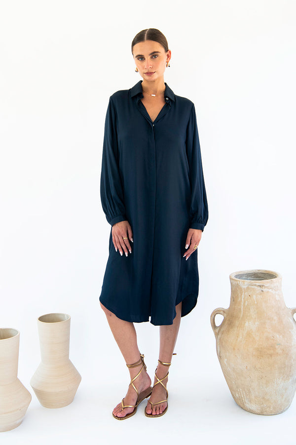 satin blue shirt dress Navy Blue Ruched Button Through Satin Shirt Dress - Elegant Midi Dress