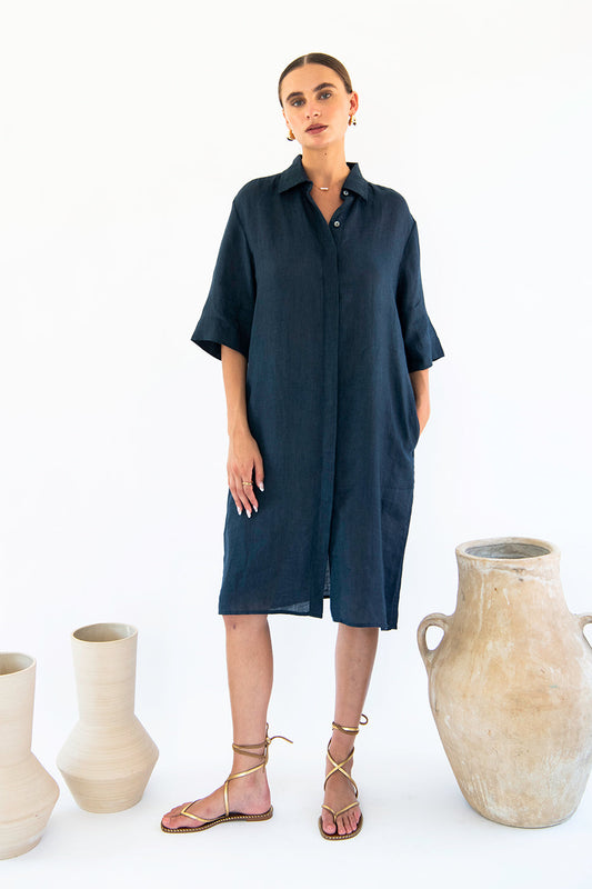 knee length dresses for ladies Danni Dress in Italian Washed Linen Light Blue Light Blue / M main image 0