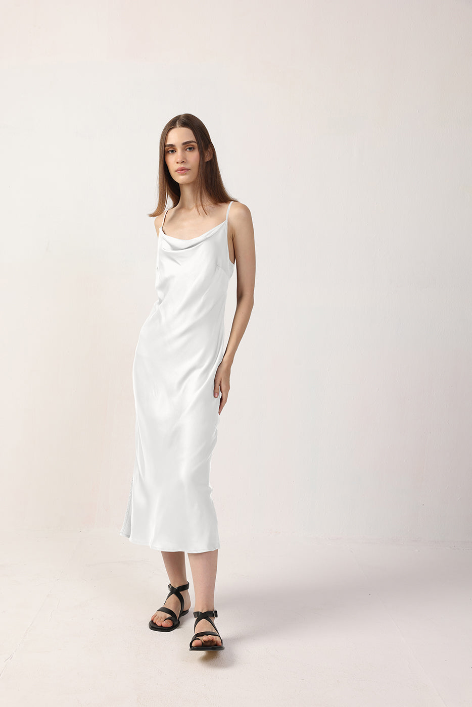 white cowl neck midi dress Elynne White Satin Cowl Neck Midi Dress