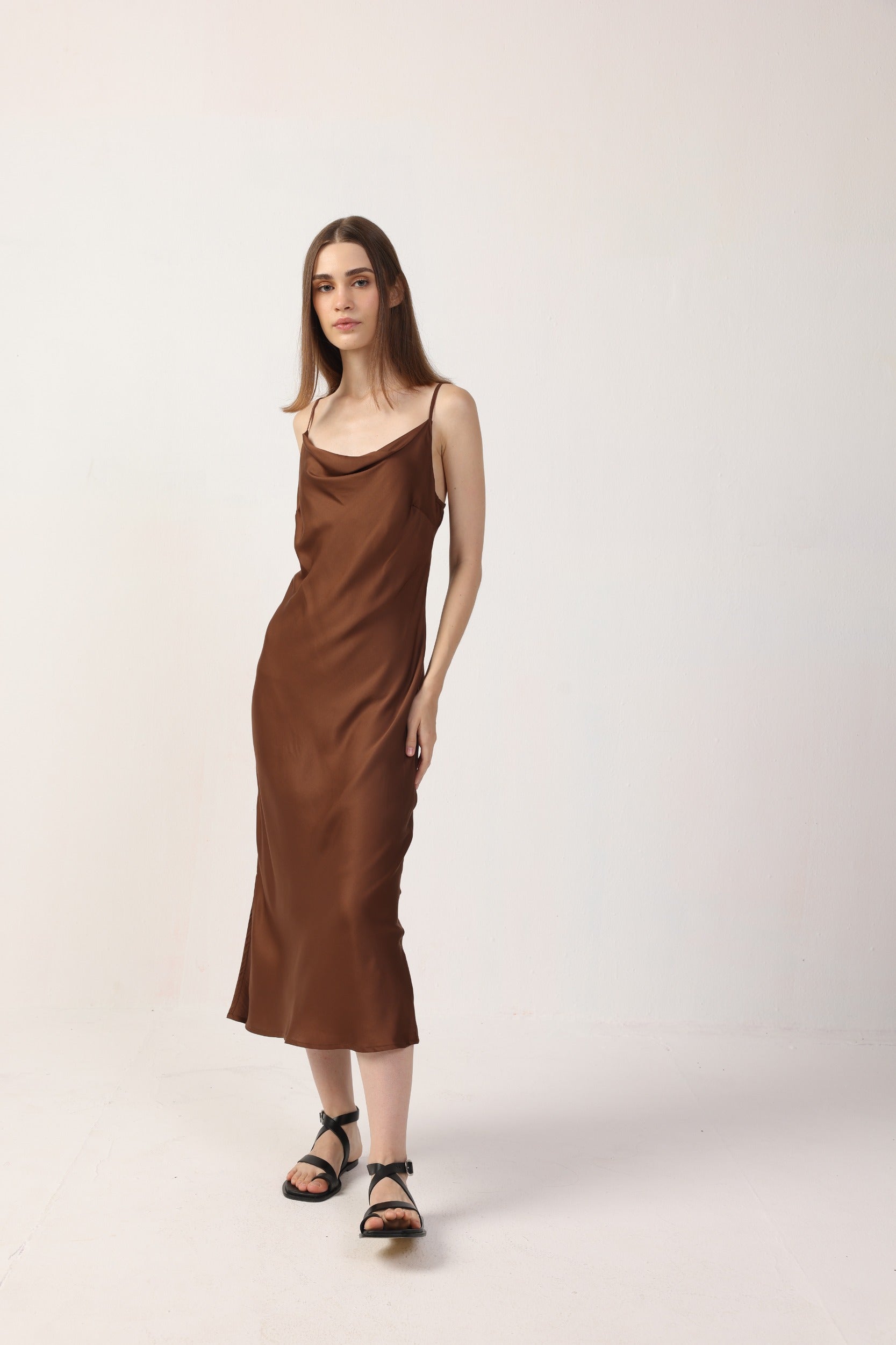 brown check cowl neck midi dress MANGO - Check asymmetrical Dress Brown